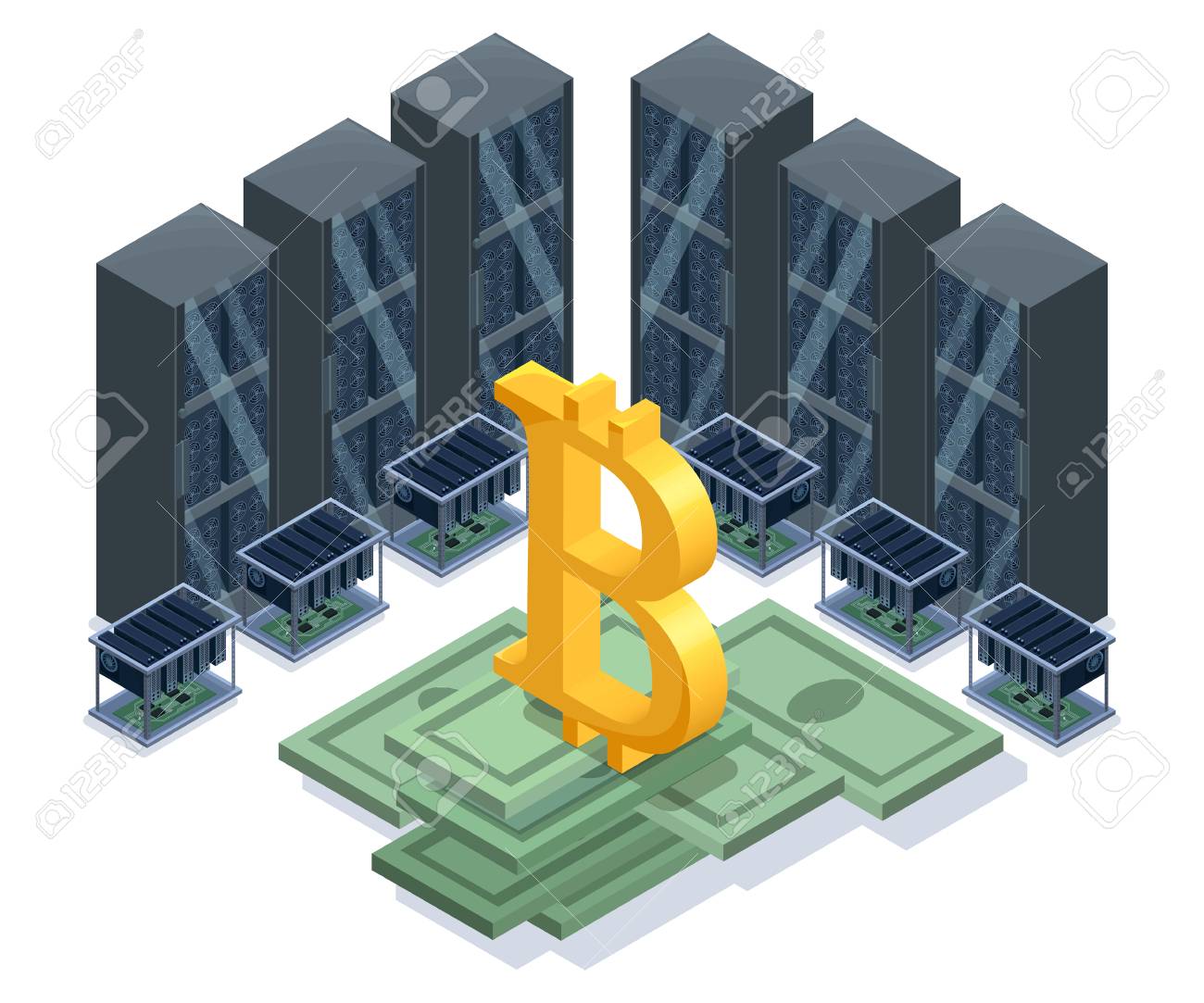 아이소 메트릭 비트 광 광산 농장, 비디오 회로 및 서버, 컴퓨터, Cryptocurrency 마이닝 개념, 금융 아이소 메트릭 3d  벡터 일러스트 레이 션 로열티 무료 사진, 그림, 이미지 그리고 스톡포토그래피. Image 90139477