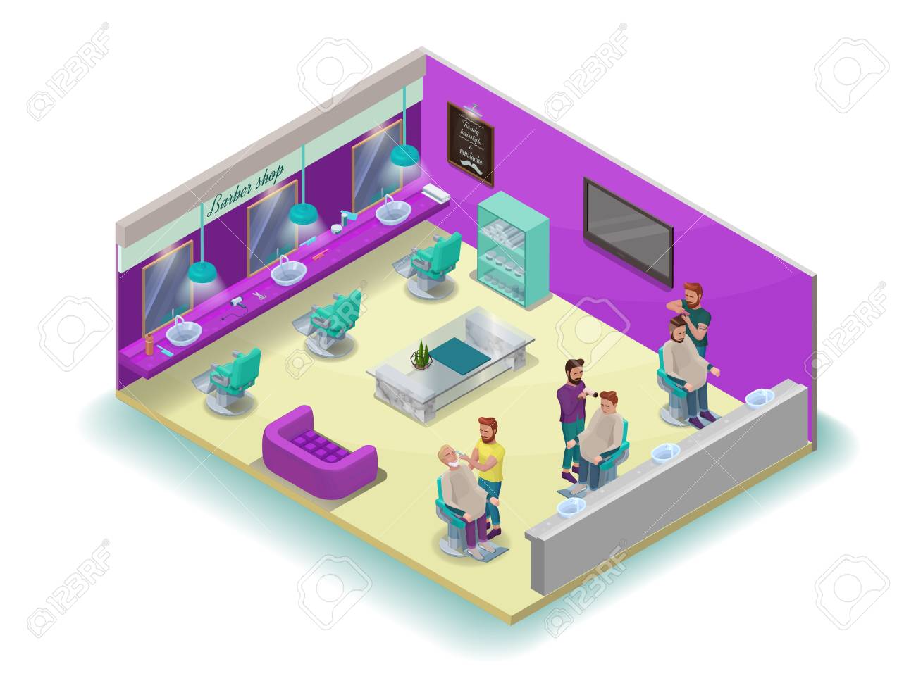 Isometric Barber Shop Interior Hipster Hair Salon Design With Modern Wooden Furniture Marble Wall Barbershop Chair Sofa Terrarium Plant Bicycle Hairdresser Accessories Beauty Studio Layout Stock Photo Picture And Royalty Free Image