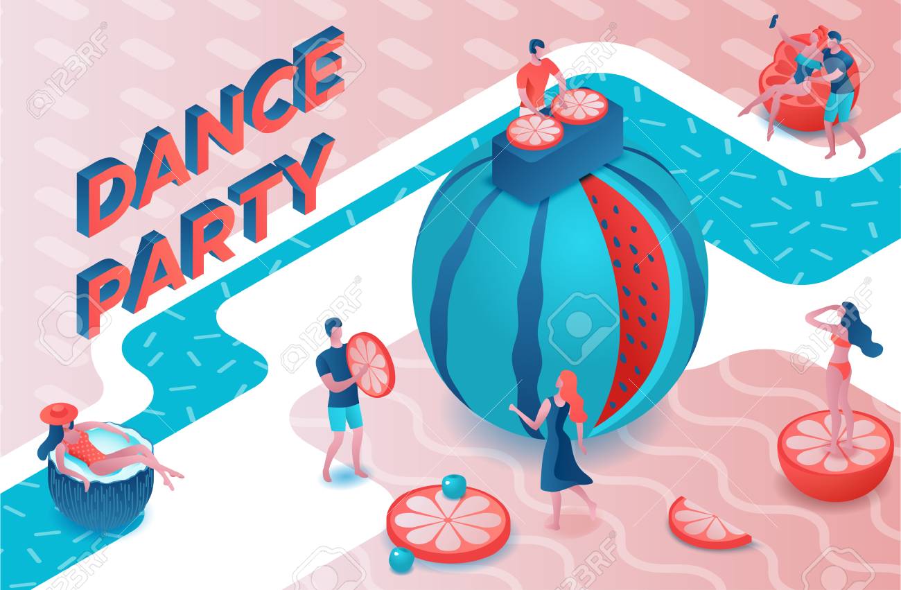Dance Pool Party Isometric 3d Illustration With Cartoon People In Swimsuit, Drinking Cocktail, Relax, Dj, Music, Recreation Spa Concept, Watermelon, Orange, Summer Event Background, Leisure Time Royalty Free SVG, Cliparts, Vectors, And Dance Pool Party Isometric 3d Illustration With Cartoon People In Swimsuit, Drinking Cocktail, Relax, Dj, Music, Recreation Spa Concept, Watermelon, Orange, Summer Event Background, Leisure Time Royalty Free SVG, Cliparts, Vectors, And