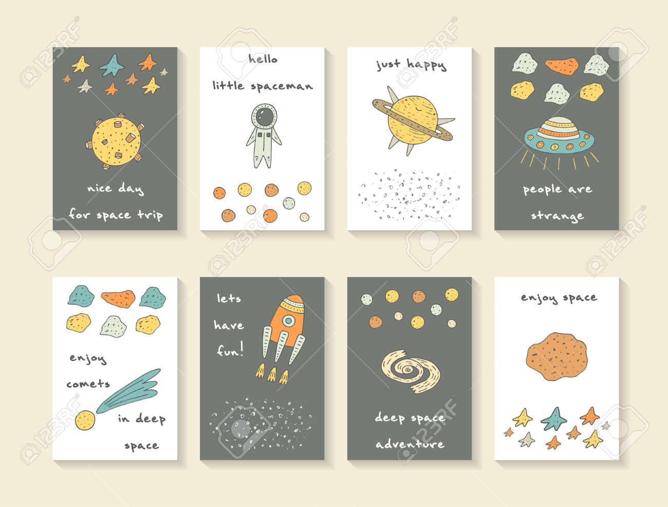 cute hand drawn cosmic doodle cards brochures postcards with cute postcards