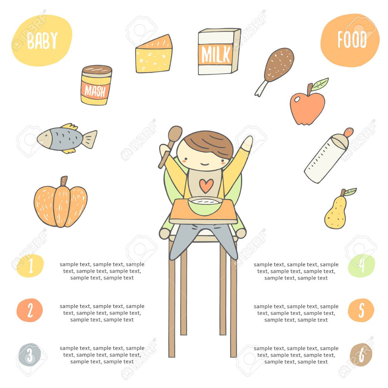 かわいい手描き落書きカード食事椅子に幸せな子供とポスターカボチャ 魚 チーズ 牛乳 鶏肉 リンゴ ボトル 洋梨を含むフード コレクション 離乳食についてのインフォ グラフィック のイラスト素材 ベクタ Image