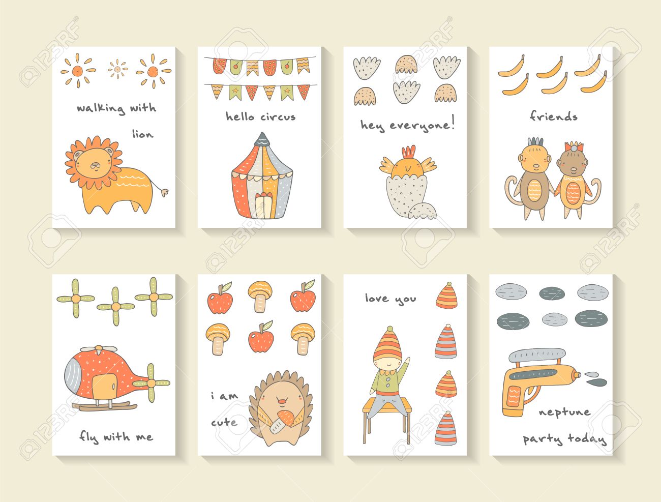 かわいい手描き落書きカード パンフレット 招待状をライオン サーカス フラグ 太陽 チキン 卵 猿 バナナ ヘリコプター アップル ハリネズミ ピストルします 漫画の動物 子供のためのオブジェクトの背景 のイラスト素材 ベクタ Image