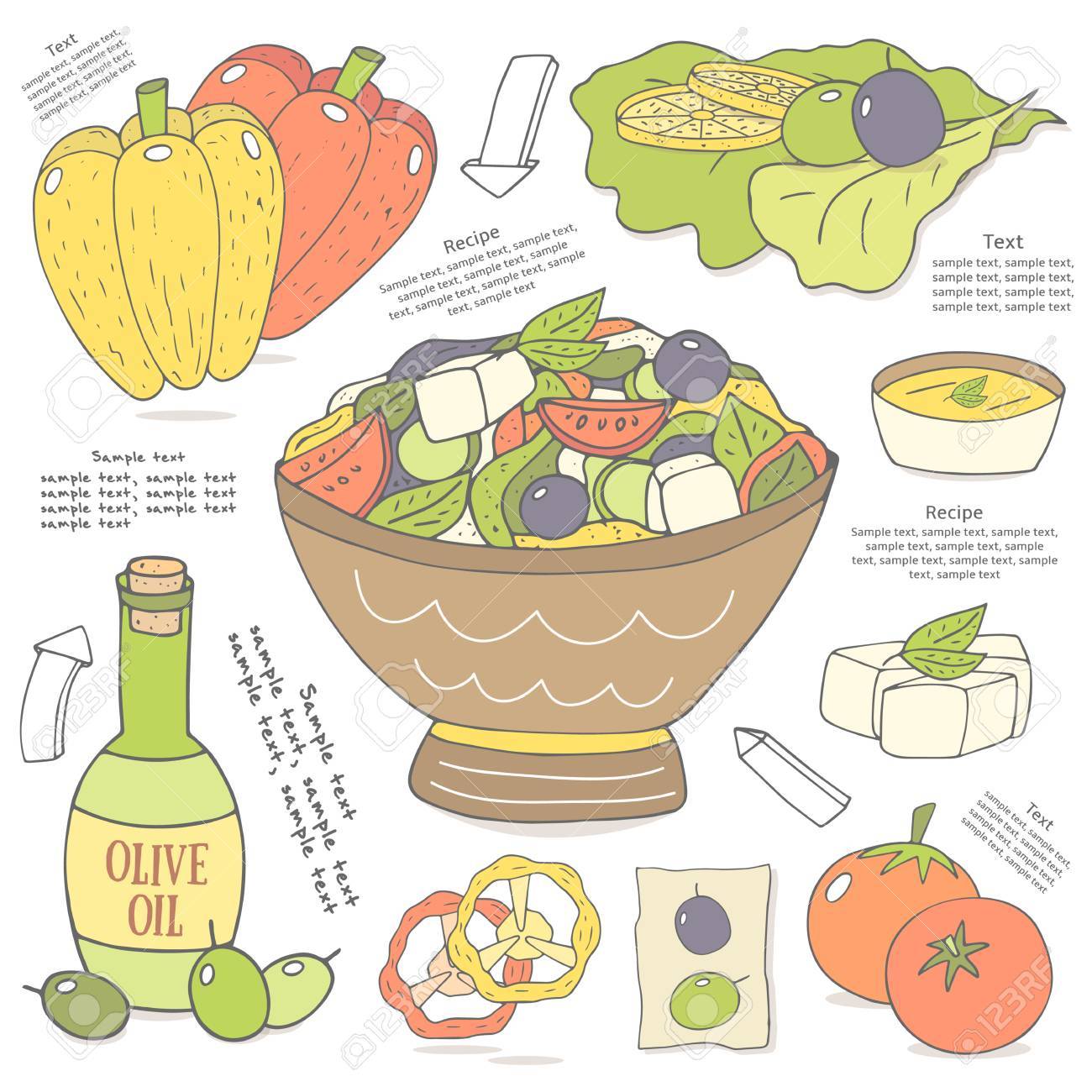 サラダとかわいい手描き下ろしの落書きページです 丼サラダ コショウ レタス オリーブ オイル トマト フェタチーズ ソースを含む食品とオブジェクトを設定します はがき カバー サラダの材料とインフォ グラフィックのイラスト素材 ベクタ Image