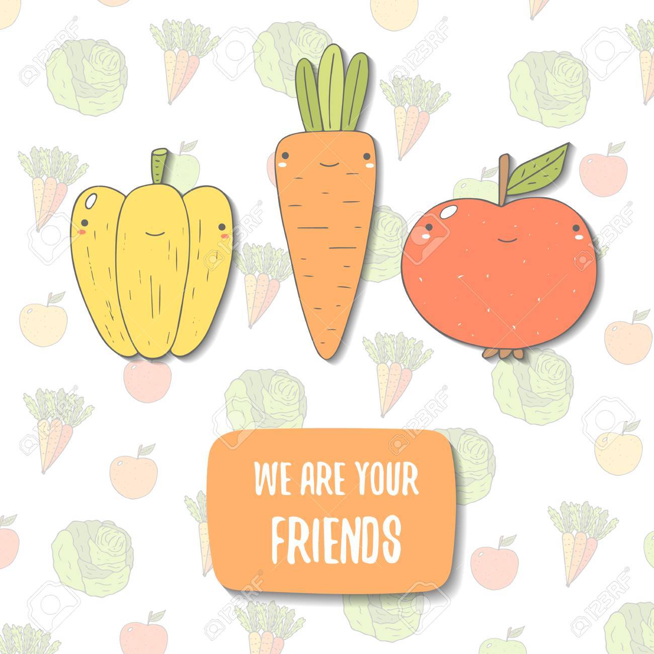 かわいい手描き落書き ピーマン リンゴ ニンジン キャベツ 本文領域とベジタリアンのはがきです 食品 野菜の背景 カバー カード のイラスト素材 ベクタ Image