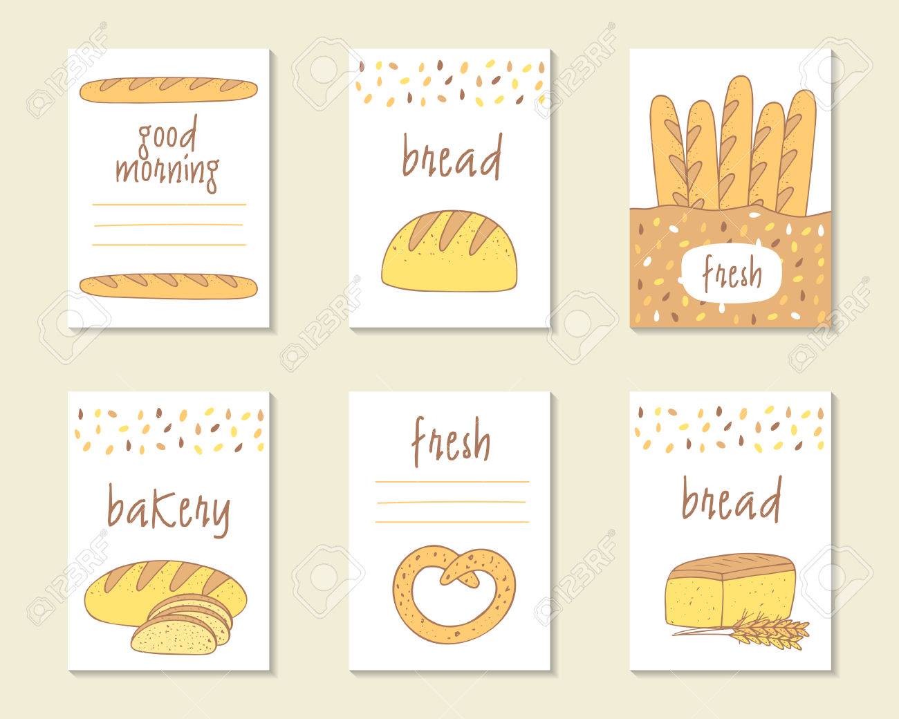 cute doodle food cards brochures tags with bread baguette bakery brochures
