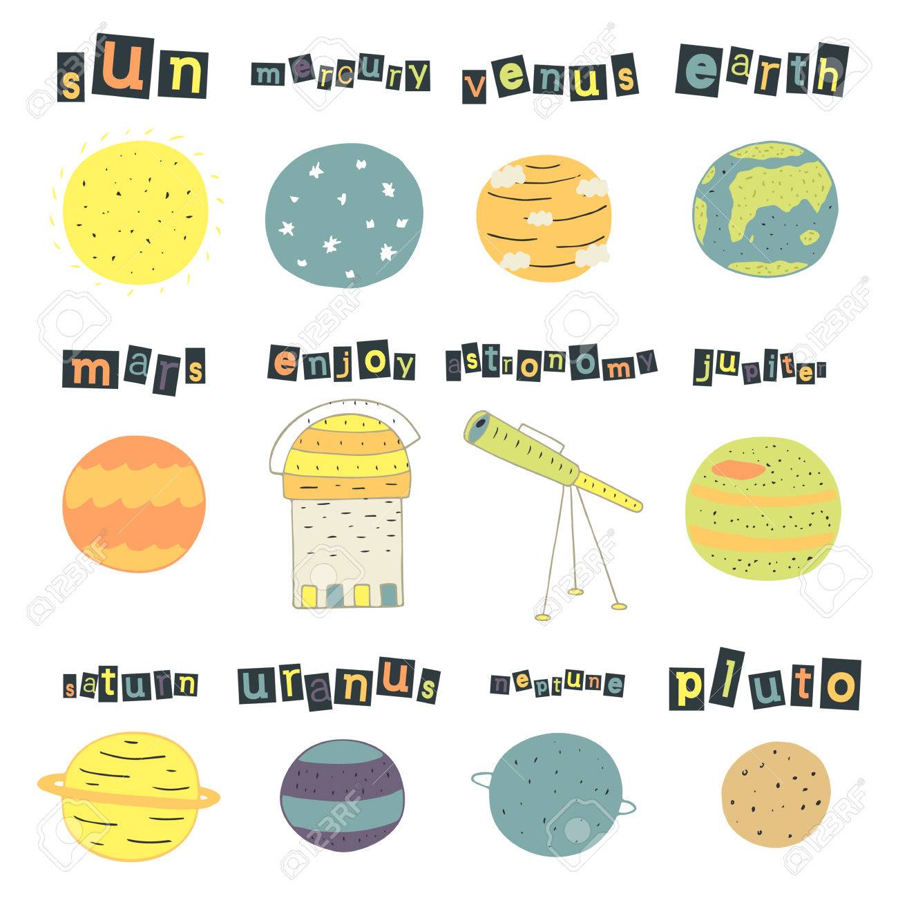 かわいい手描き落書き宇宙オブジェクト 太陽 水星 金星 地球 火星 木星 土星 天王星を含む惑星海王星冥王星望遠鏡宇宙オブジェクト コレクションの イラスト素材 ベクタ Image