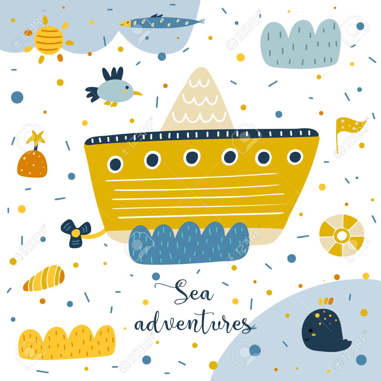 Main Mignon Dessine Carte Postale Avec Le Bateau A Vapeur Mouette Soleil Vague Baleine Drapeau Coquille Ile Bouee De Sauvetage Des Pois Mer Aventures Fond Pour Les Enfants Bebe Couvercle De Douche