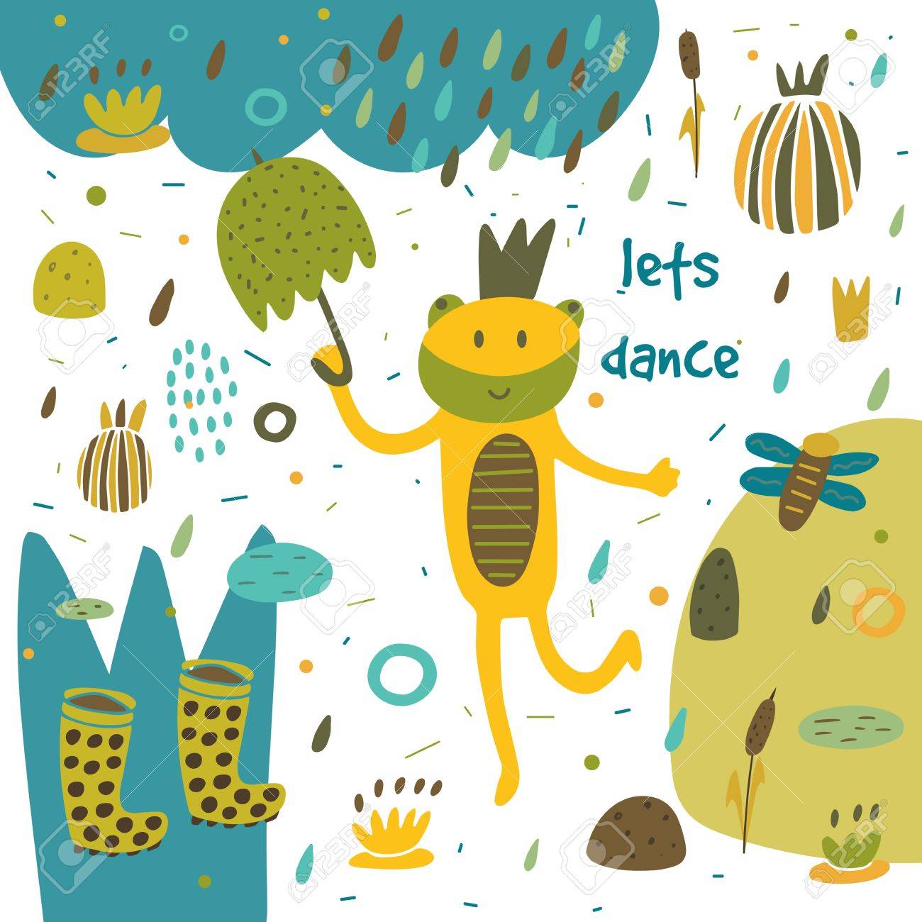 かわいい手描き下ろしカード はがきカエル 沼 ゴム長靴 雨 傘 スイレン 植物 花 心 水玉 漫画のスタイルで子供の要素のバック グラウンド カバーを抽象化します のイラスト素材 ベクタ Image