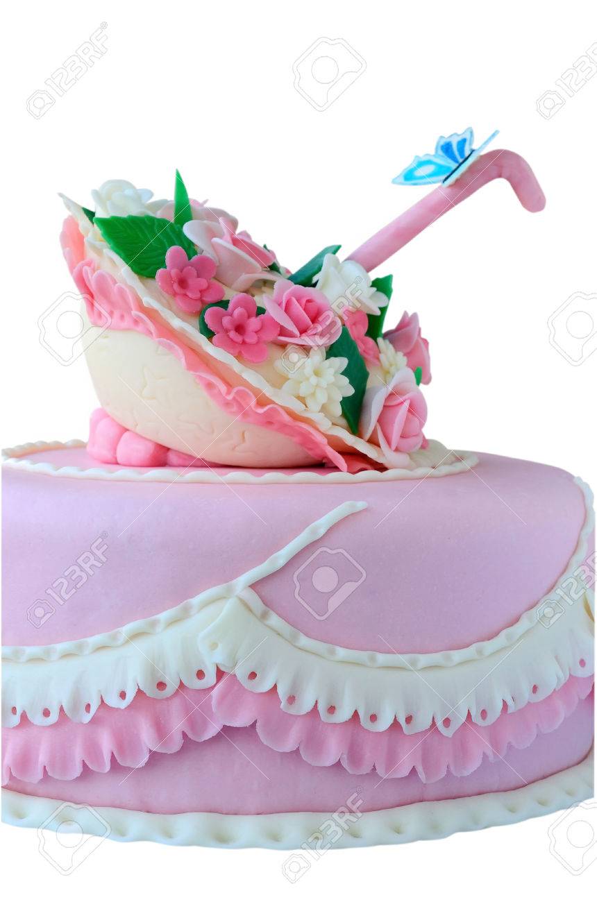 Gateau De Mariage Rose D Anniversaire Avec Des Fleurs Et Des Papillons Isole Sur Blanc Banque D Images Et Photos Libres De Droits Image