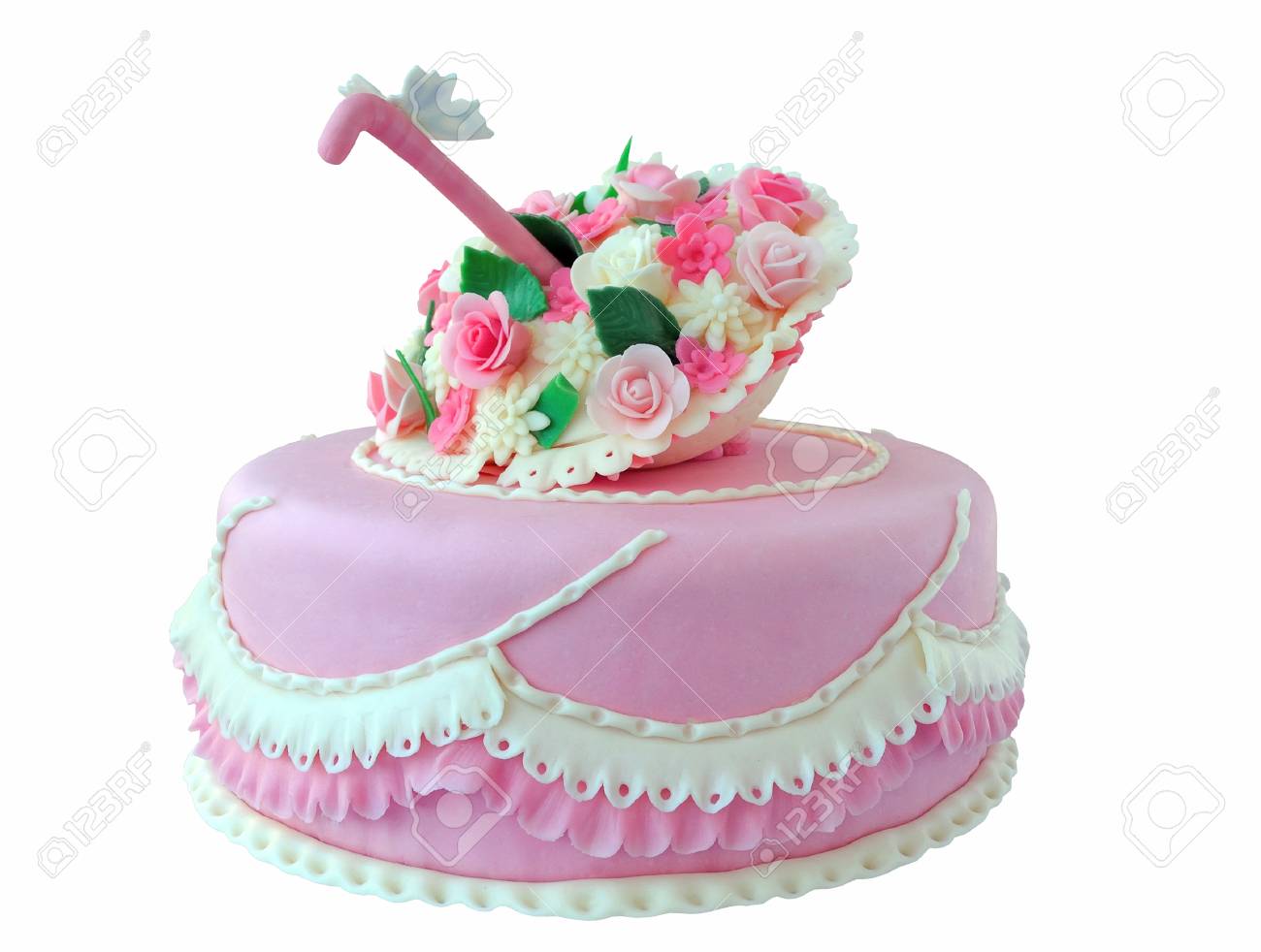 Pink Birthday Wedding Cake With Flowers And Butterfly Isolated