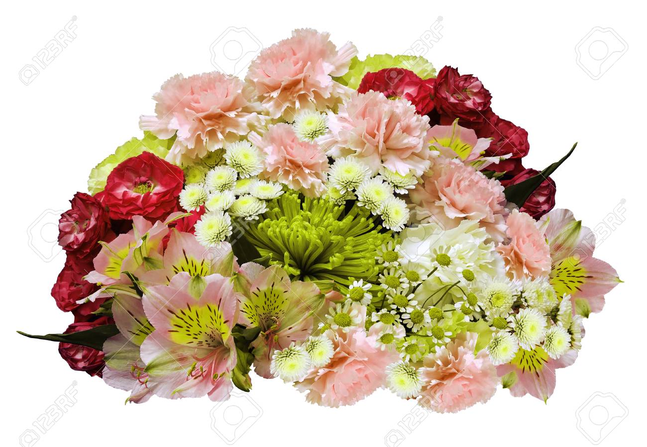 Bouquet De Fleurs Rouge Rose Jaune Blanc Sur Un Fond Blanc Isolé Avec Un Tracé De Détourage Pas Dombres Fermer Roses Gousses De Chrysanthème Lys