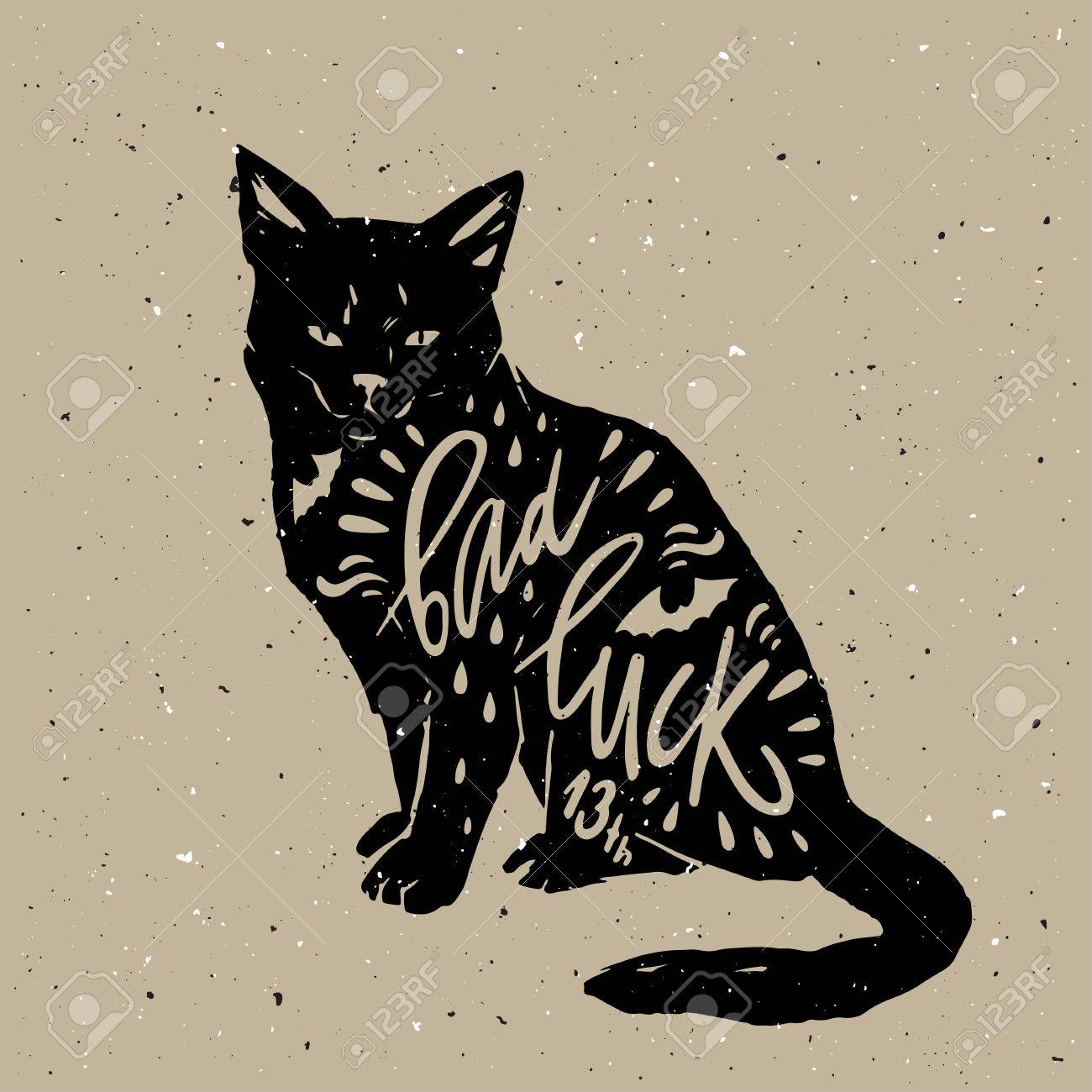 Typography Poster With Black Cat Bat Silhouette And Quote Bad Luck Happy Halloween Typography Poster With Black Cat Bat Silhouette And Quote Bad Luck Happy Halloween