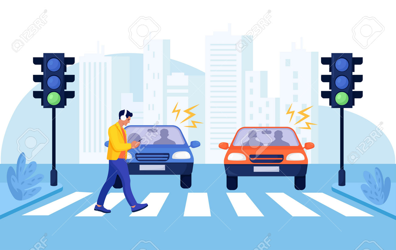 Acidente de passagem com pedestre. homem com smartphone e fones de ouvido cruzando a estrada em semáforos vermelhos. segurança rodoviária. perigo de acidente de carro, regras de trânsito de rua. estilo de vida urbano - 188812630 Acidente de passagem com pedestre. homem com smartphone e fones de ouvido cruzando a estrada em semáforos vermelhos. segurança rodoviária. perigo de acidente de carro, regras de trânsito de rua. estilo de vida urbano - 188812630