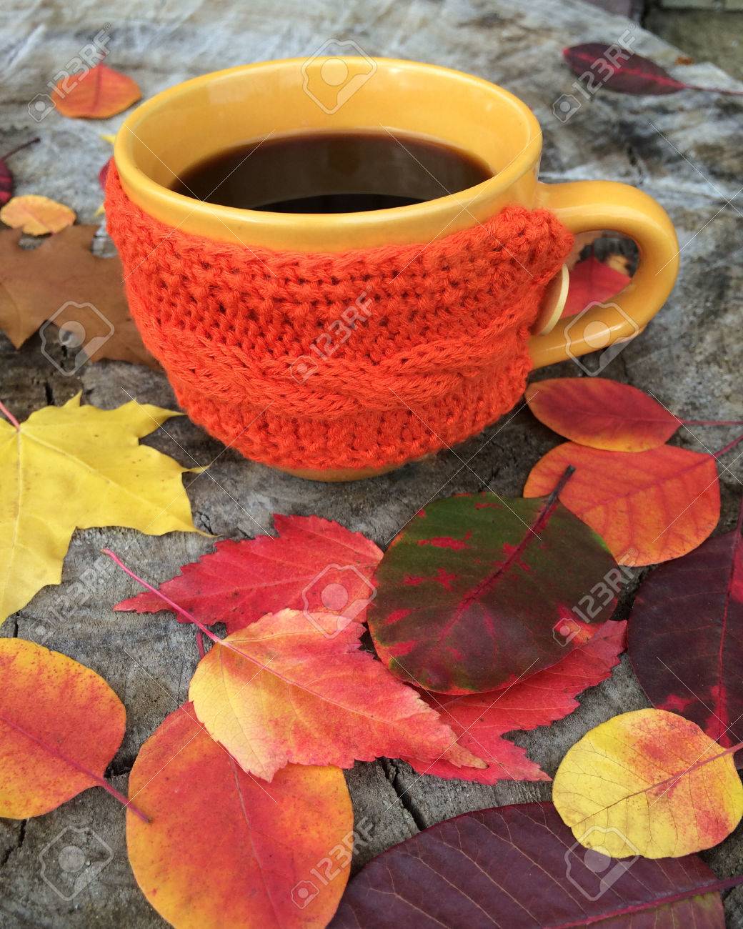 Cup Of Coffee On A Wooden Stump Strewn With Autumn Leaves Good Morning  Selective Focus Stock Photo, Picture and Royalty Free Image. Image 66565423., image size:1040x1300