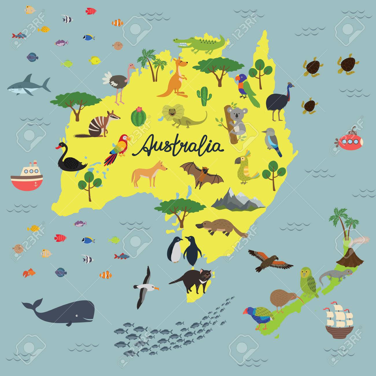 オーストラリアとニュージーランドの動物王国の地図 のイラスト素材 ベクタ Image