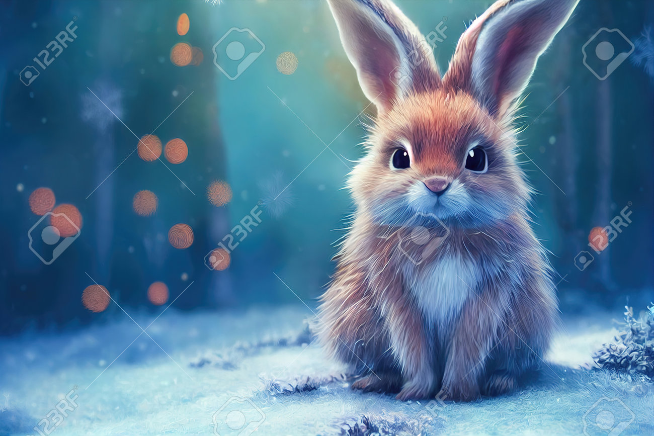 Rabbit In The Winter Forest Christmas Background Color Art Stock Photo,  Picture and Royalty Free Image. Image 192656191., image size:1300x867