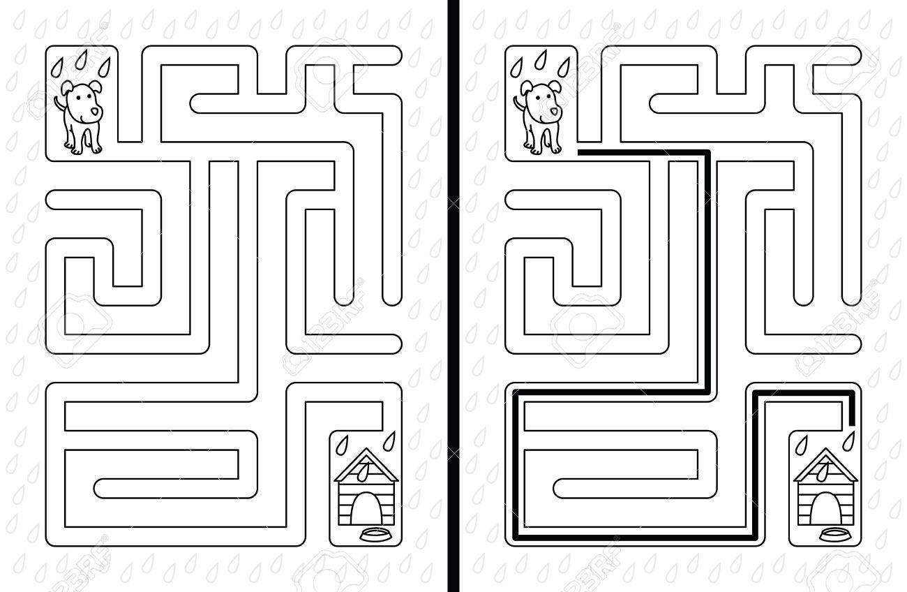 黒と白のソリューションに若い子供のための簡単な犬の迷路 のイラスト素材 ベクタ Image