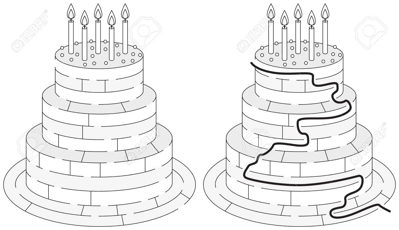Facile Labyrinthe De Gateau D Anniversaire Pour Les Jeunes Enfants Avec Une Solution En Noir Et Blanc Clip Art Libres De Droits Vecteurs Et Illustration Image