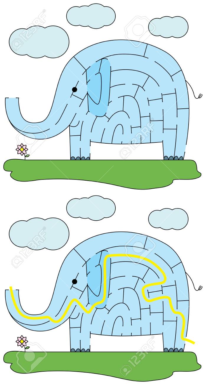 ソリューションを若い子供のための簡単な象迷路 のイラスト素材 ベクタ Image