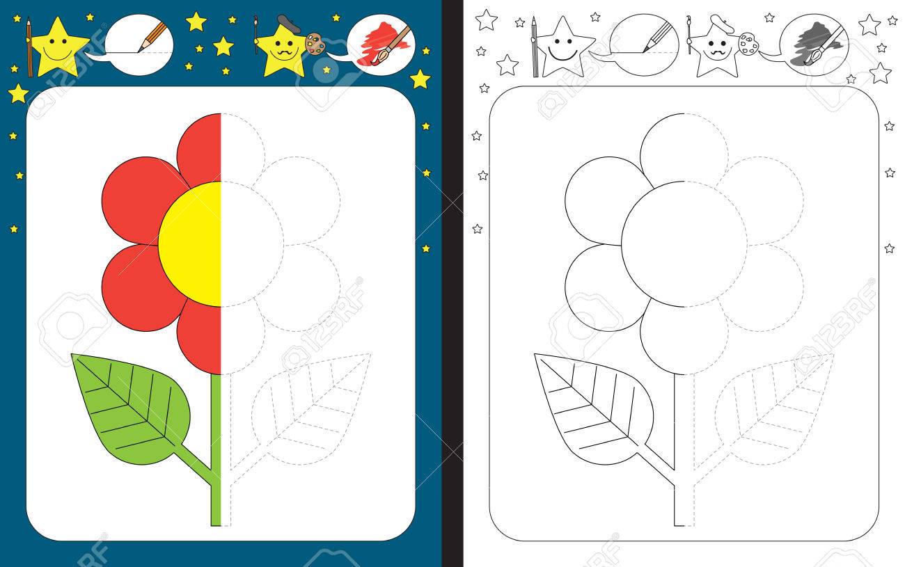 微細運動能力 トレースの練習幼児ワークシート破線 花のイラストを仕上げ のイラスト素材 ベクタ Image