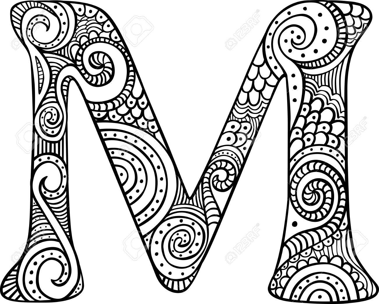 hand drawn capital letter m in black coloring sheet for adults letter m drawing