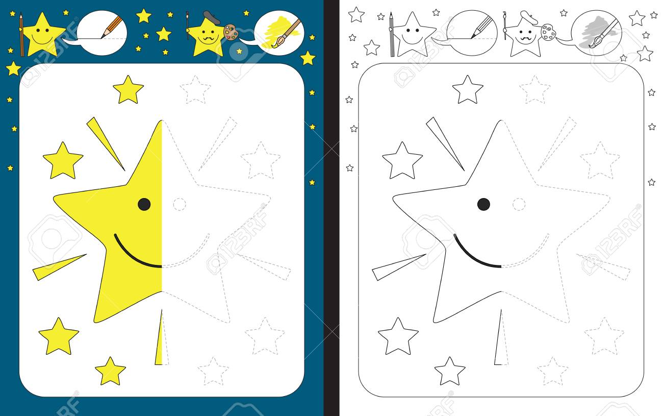 微細運動能力 トレースの練習幼児ワークシート破線 漫画の星の図を完了 のイラスト素材 ベクタ Image