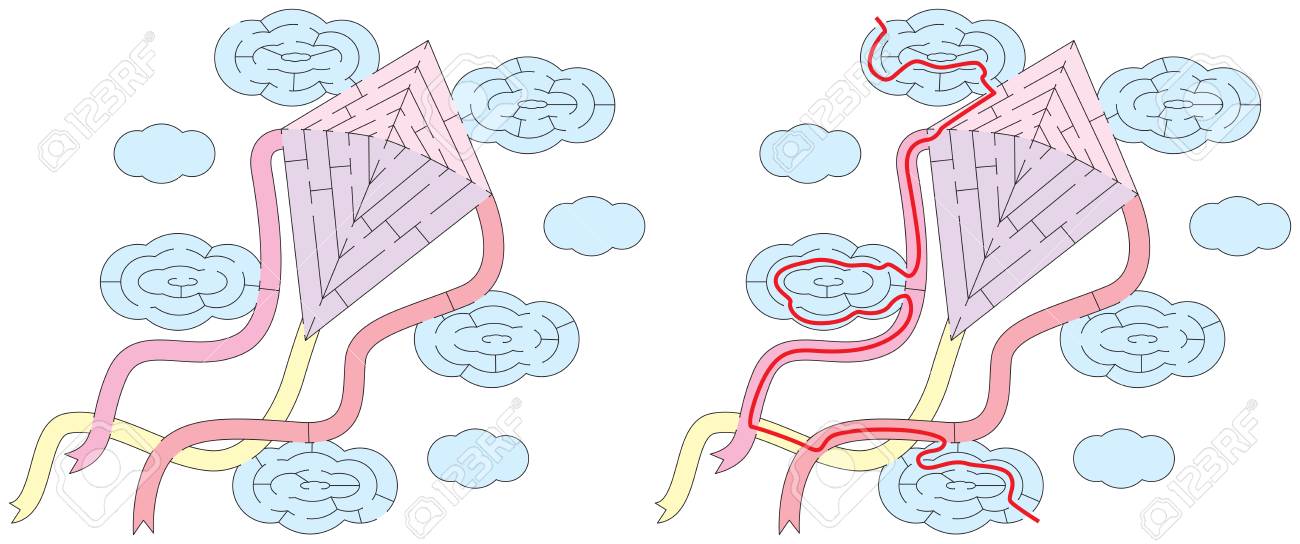 ソリューションを持つ若い子供のための簡単な凧の迷路 のイラスト素材 ベクタ Image ソリューションを持つ若い子供のための簡単な凧の迷路 のイラスト素材 ベクタ Image
