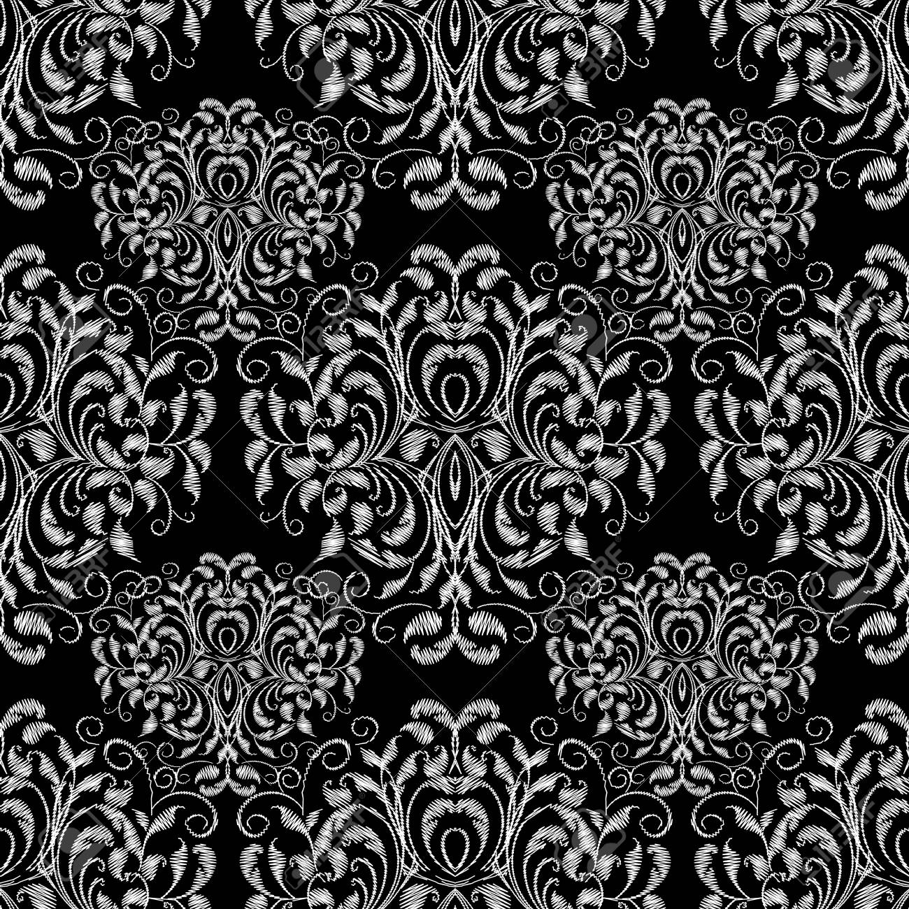 Vintage Tapisserie Nahtlose Blumchenmuster Schwarzer Weisser Grunge Hintergrund Von Hand Gezeichnete Blumen Der Stickerei Strudelblatter Damastverzierungen Gestickte Lokalisierte Vektorbeschaffenheit Stickerei Design Lizenzfrei Nutzbare