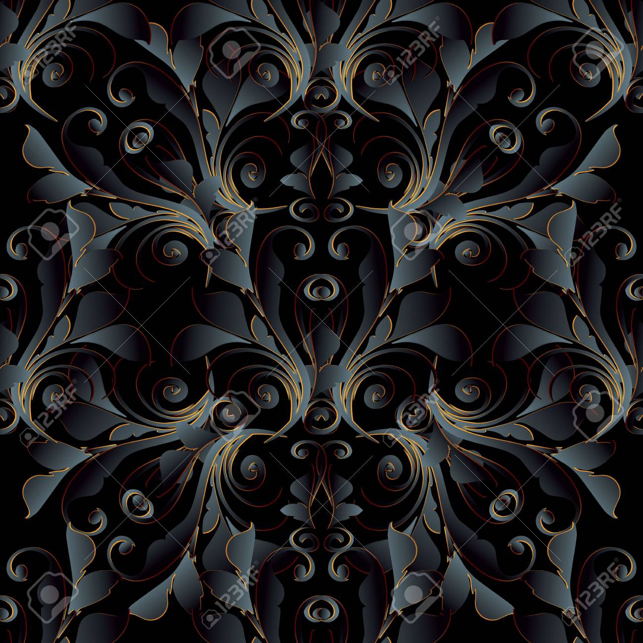ダークブラックの3dバロックシームレスパターン。ベクター花のダマズの