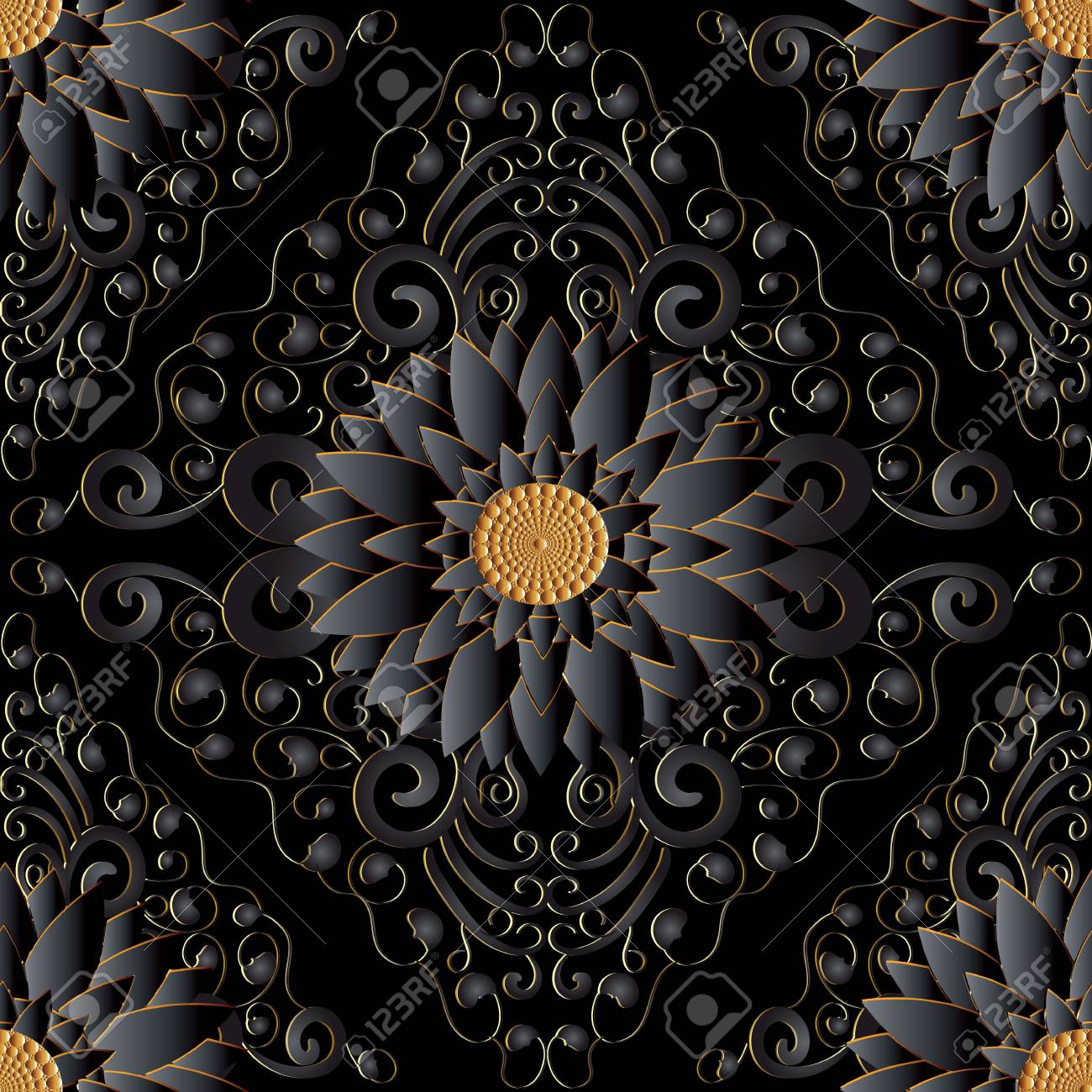 Black 3d Flowers Seamless Pattern Vector Dark Black Background