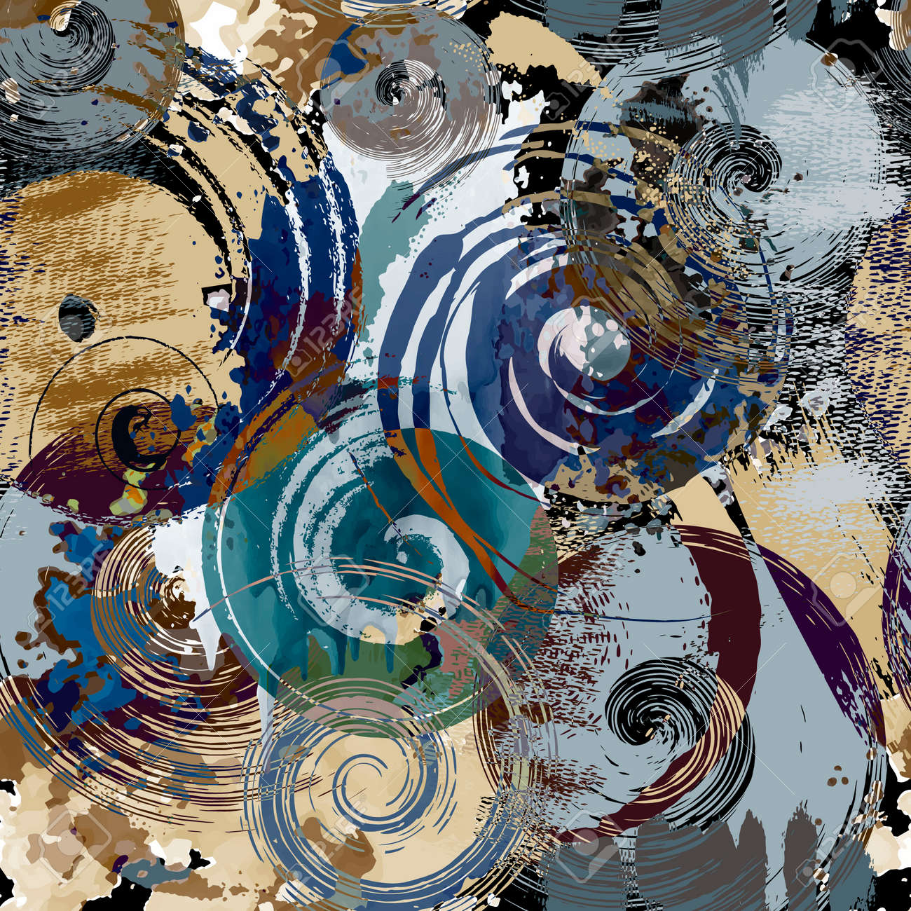 Reticolo senza giunte dei cerchi a spirale. pennellate sfondo acquerello grunge. sfondo astratto ripetizione geometrica ruvida. linee di doodle disegno colorato sporco disegnato a mano con pennellate, spirali. vettore - 187687804 Reticolo senza giunte dei cerchi a spirale. pennellate sfondo acquerello grunge. sfondo astratto ripetizione geometrica ruvida. linee di doodle disegno colorato sporco disegnato a mano con pennellate, spirali. vettore - 187687804