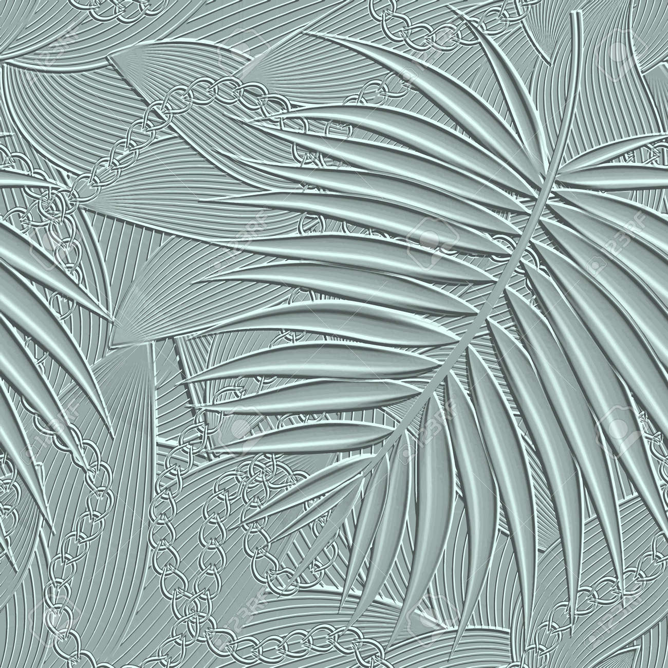 Padrão sem costura em relevo tropical 3d. a palma texturizada deixa o fundo do relevo. repita o pano de fundo das linhas de relevo. ornamentos de arte de linha de superfície 3d com efeito de gravação. textura em relevo das ondas 3d. folhas de palmeira, correntes. - 190384614 Padrão sem costura em relevo tropical 3d. a palma texturizada deixa o fundo do relevo. repita o pano de fundo das linhas de relevo. ornamentos de arte de linha de superfície 3d com efeito de gravação. textura em relevo das ondas 3d. folhas de palmeira, correntes. - 190384614
