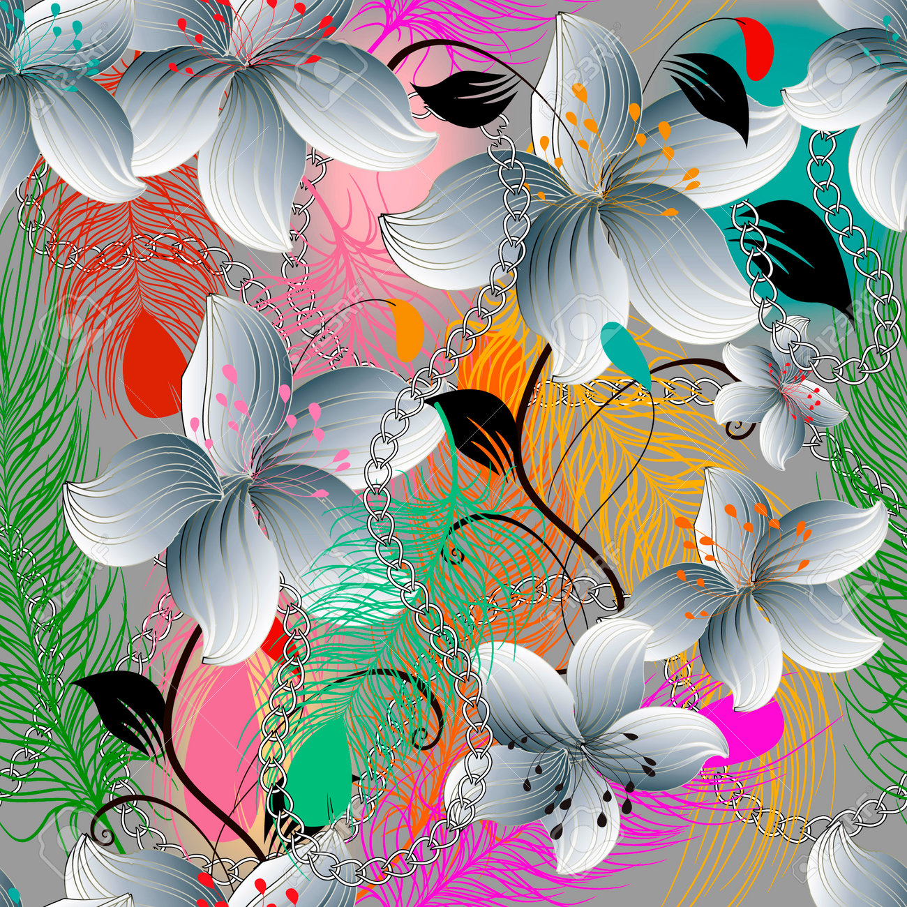 Colorful Bright Exotic Flowers And Feathers Seamless Pattern. Tropical  Ornamental Modern Floral Background. Repeat Patterned Tropical Vector  Backdrop. Beautiful Romantic Hand Drawn Floral Ornaments. Royalty Free SVG,  Cliparts, Vectors, and Stock ..., image size:1300x1300