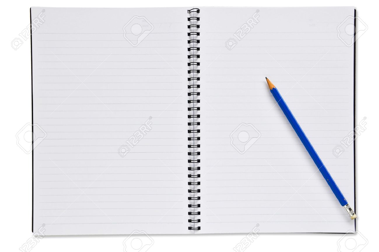 open spiral notebook with blue pencil blank paper stock photo