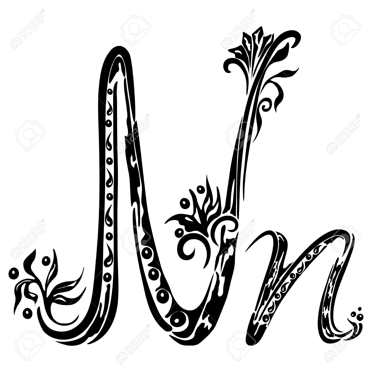 Worksheet N In Cursive letter n in the style of abstract floral pattern on a white background stock vector