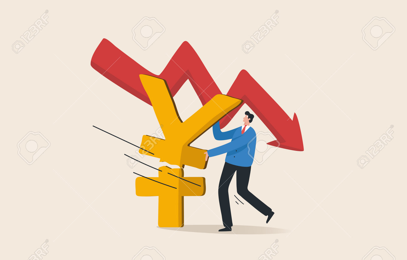 日本通貨下落、日本円通貨危機。円安。金融政策危機。日本経済の不況。あるビジネスマンが円安記号を支持しようとします。のイラスト素材・ベクター Image  194683028