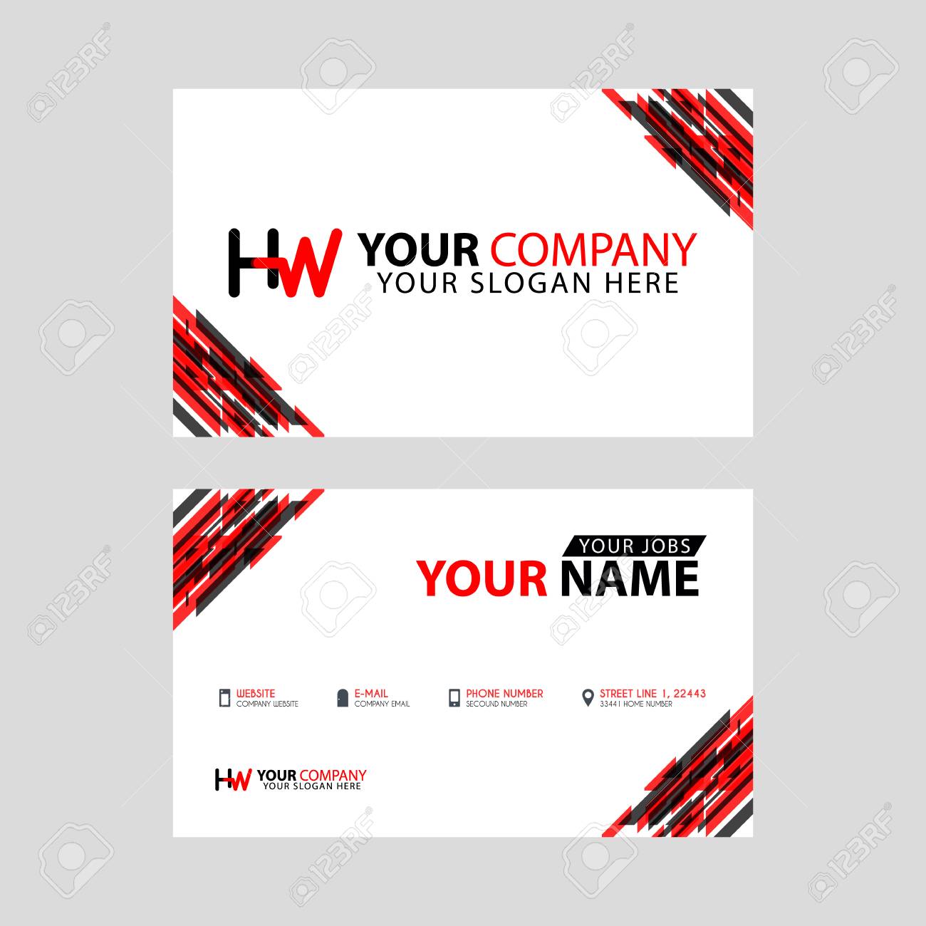 logo hw design with a black and red business card with horizontal red business card design