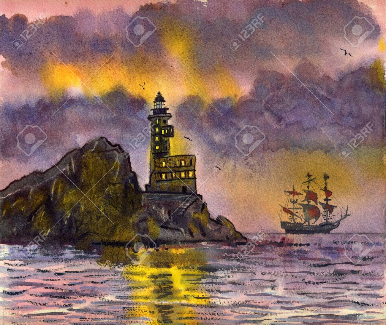 Lighthouse Cliff Watercolor Giclee Print \u2022 Iceland Sea Wall Art \u2022 Seascape Artwork \u2022 Ocean Rock Minimalist Poster \u2022 Landscape Artwork