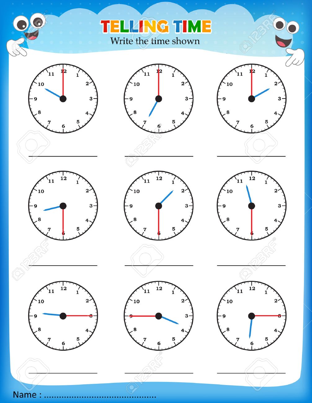 時間ワークシートを語っています 空のスペースに時計に表示されます時間を書く のイラスト素材 ベクタ Image