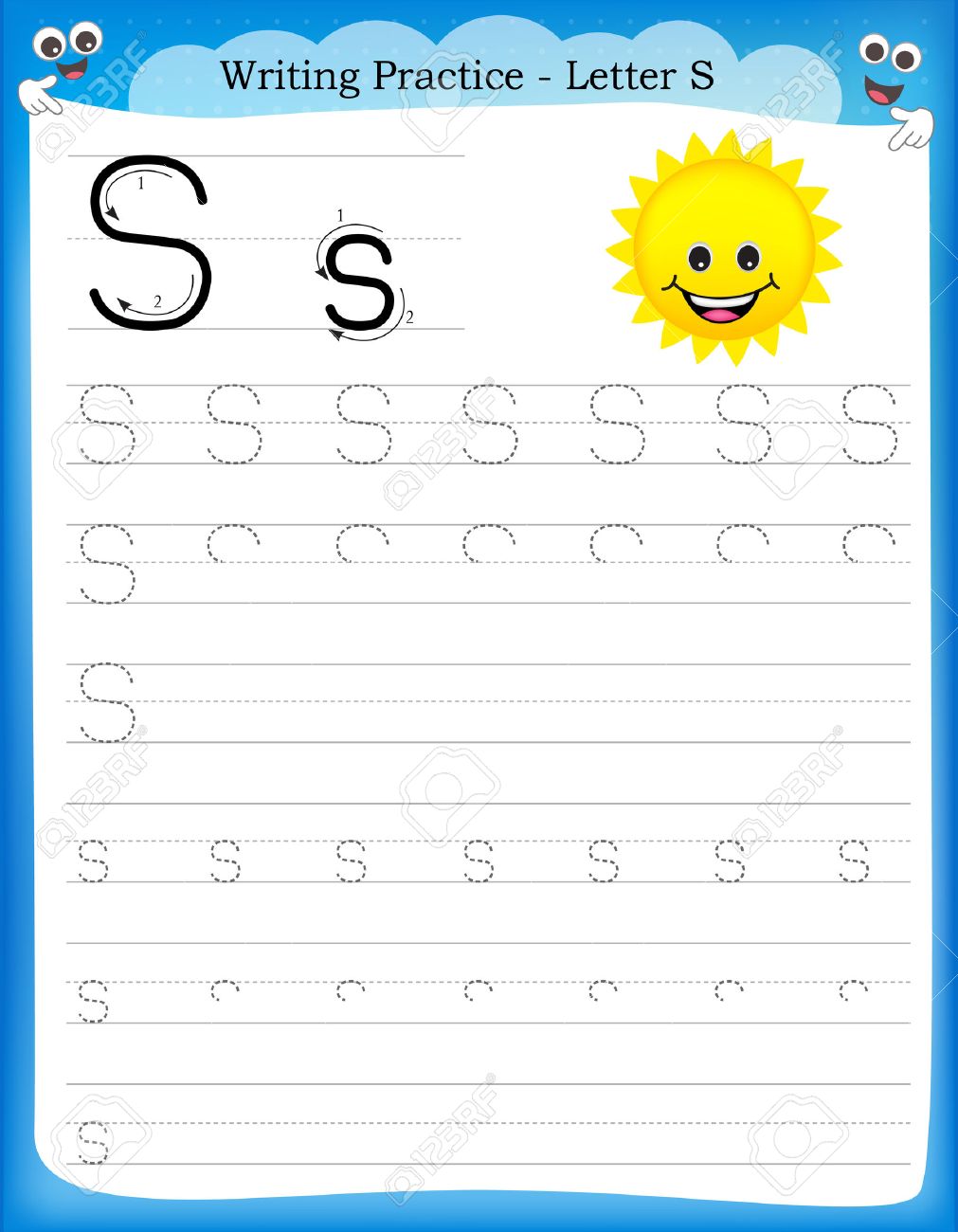 Worksheet Writing The Letter S writing practice letter s printable worksheet woth clip art vector for preschool kindergarten kids to improve basic skills