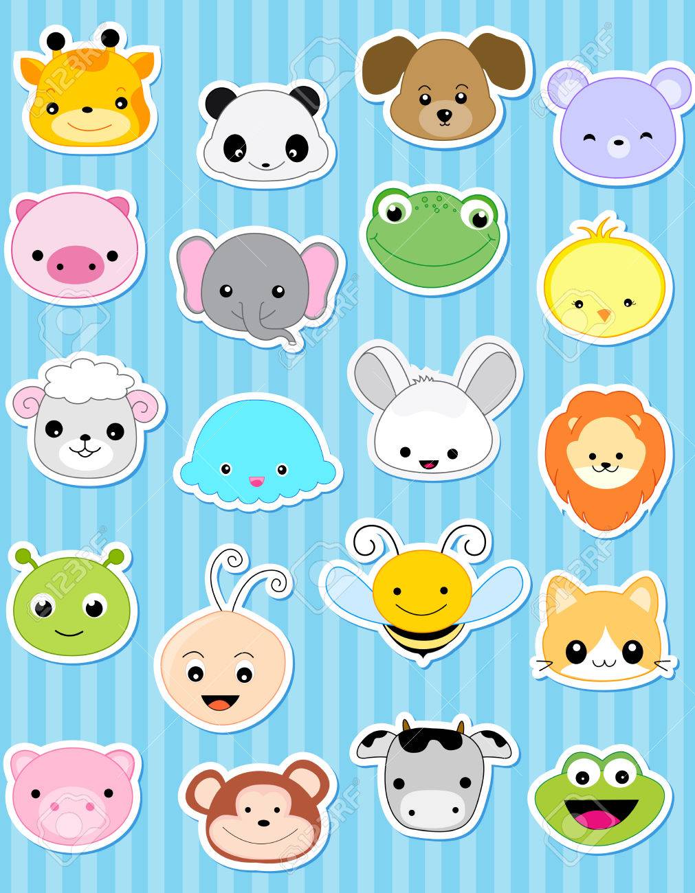 子供のために特別かわいい動物顔ステッカー コレクション のイラスト素材 ベクタ Image