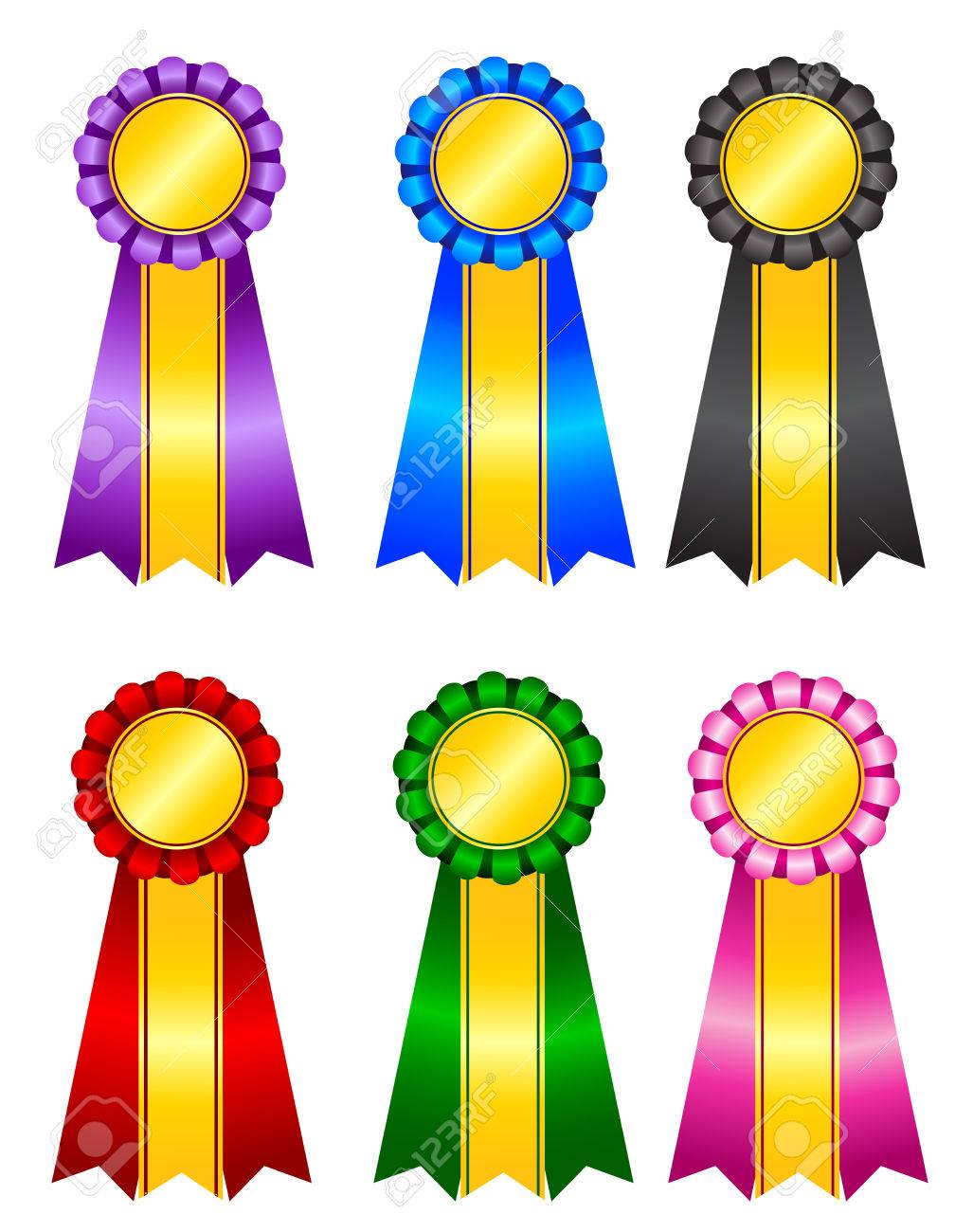 set of elegant blank award ribbon rosettes in shiny purple blue blank award ribbon