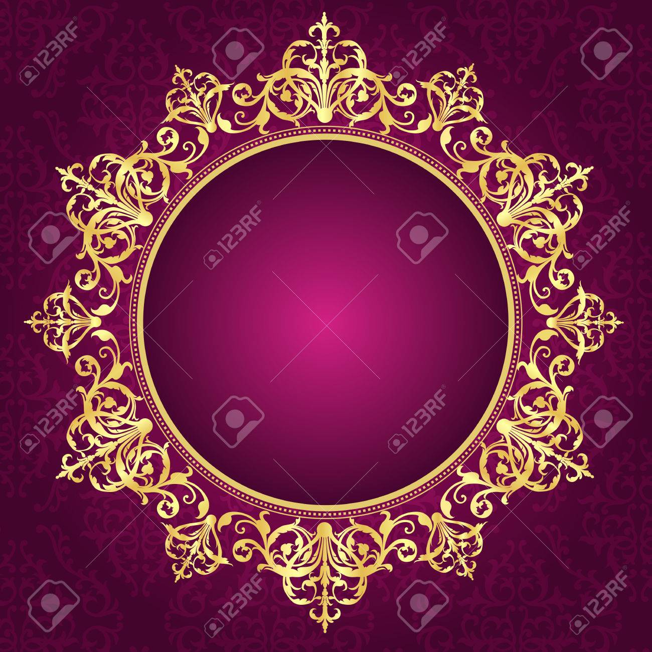elegant gold ornamental circle frame on pink damask pattern