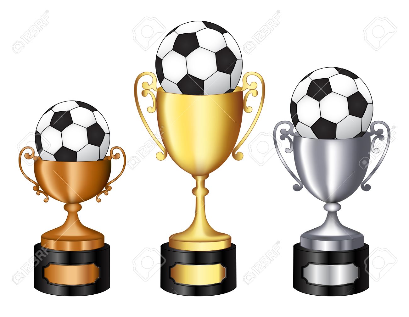 ゴールド シルバーとブロンズ チャンピオン白い背景で隔離された第 1 第 2 および第 3 場所のためにサッカー ボール トロフィーのイラスト素材 ベクタ Image