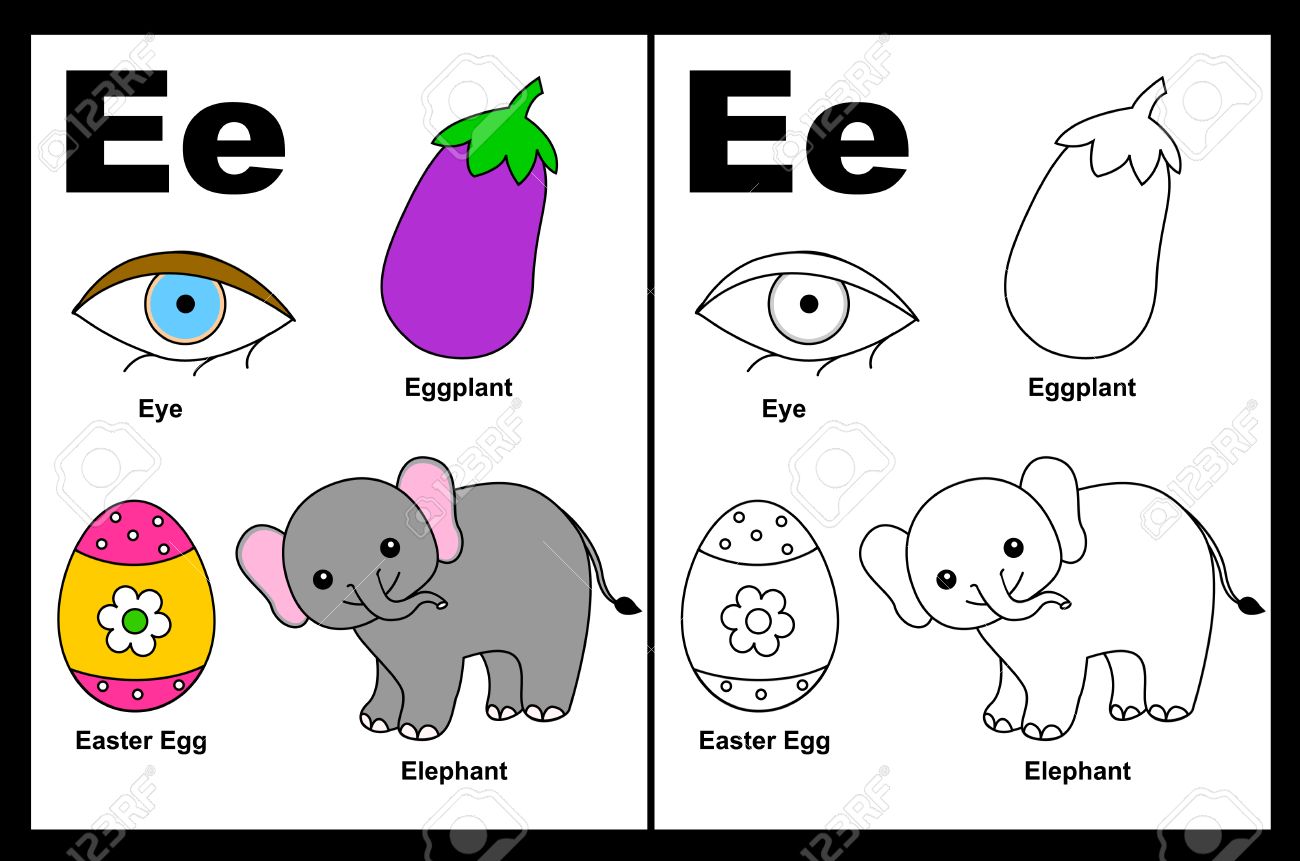 kids alphabet coloring book page with outlined clip arts to color letter e stock vector - Kids Color Book kids alphabet coloring book page with outlined clip arts to color letter e stock vector - Kids Color Book