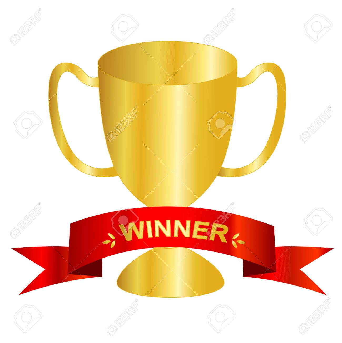 gold trophy with red banner with winner text over it illustration