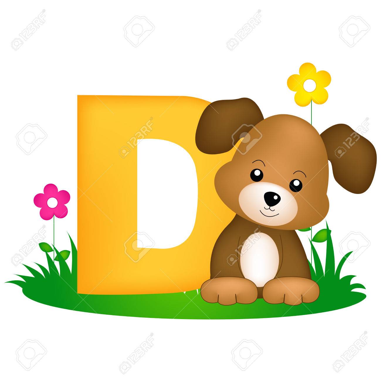 colorful animal alphabet letter d with a cute dog flash card
