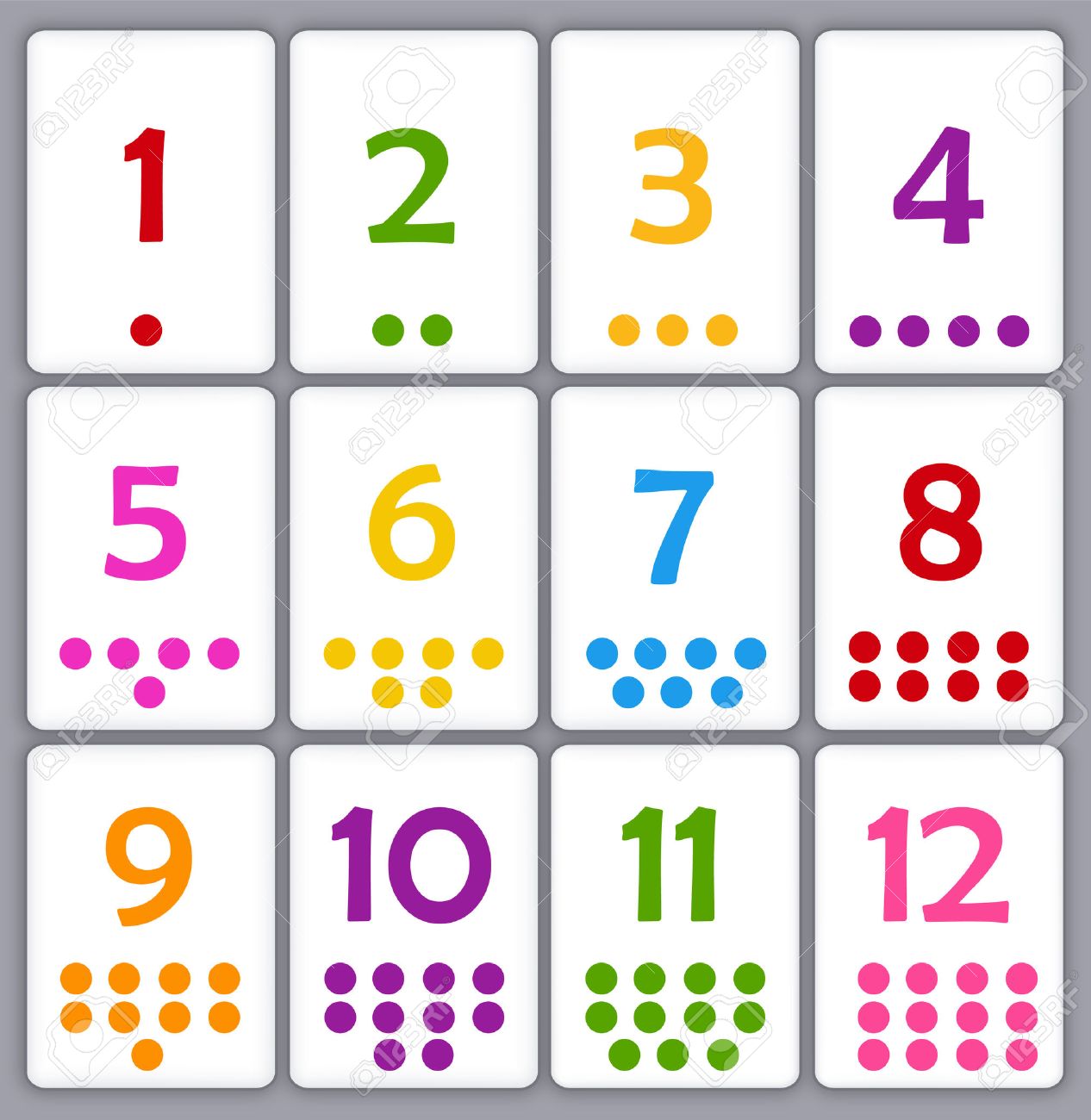 幼児のためのドットと数字の印刷フラッシュ カード コレクション 幼稚園キッズ 色を学ぼう のイラスト素材 ベクタ Image