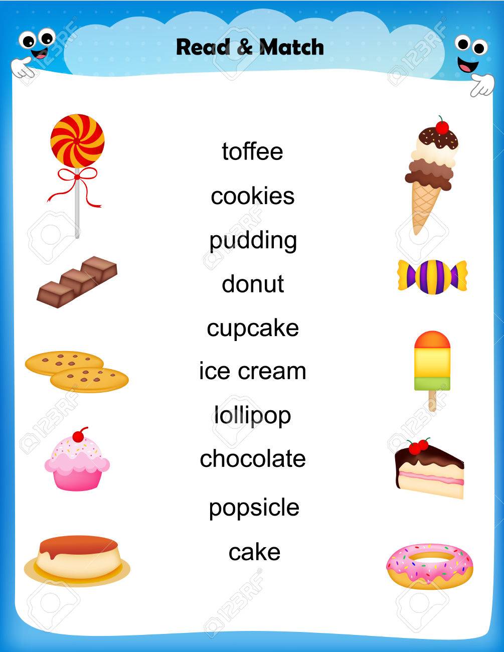 Worksheet Match Sweets Images With Their Names Worksheet For Preschool Kids Royalty Free Cliparts Vectors And Stock Illustration Image 68973939