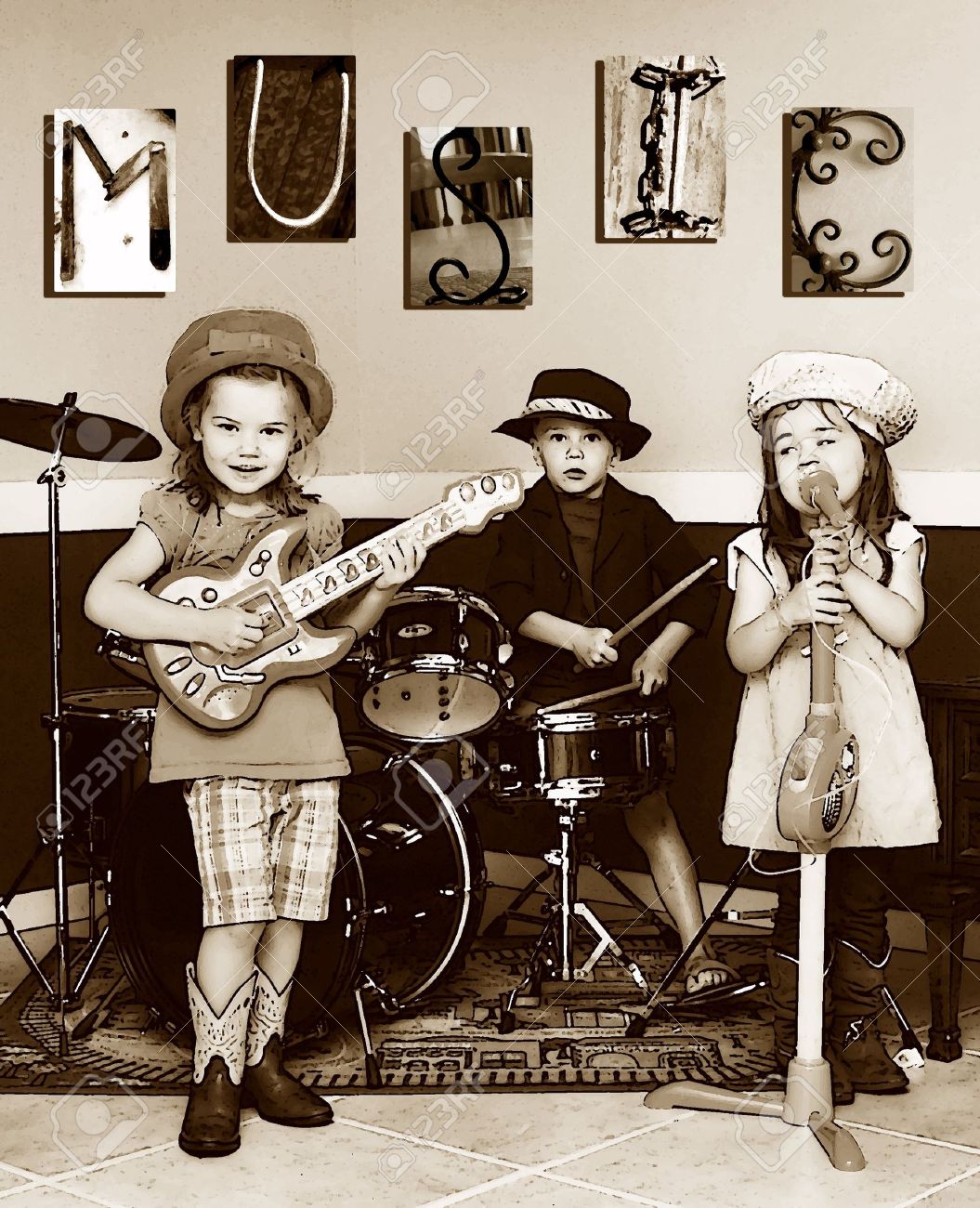 Three siblings pretend to be a music band. They are playing instruments and one is singing. The letters M, U, S, I, C is posted on the wall. Youngest member is singing. - 14838860 Three siblings pretend to be a music band. They are playing instruments and one is singing. The letters M, U, S, I, C is posted on the wall. Youngest member is singing. - 14838860